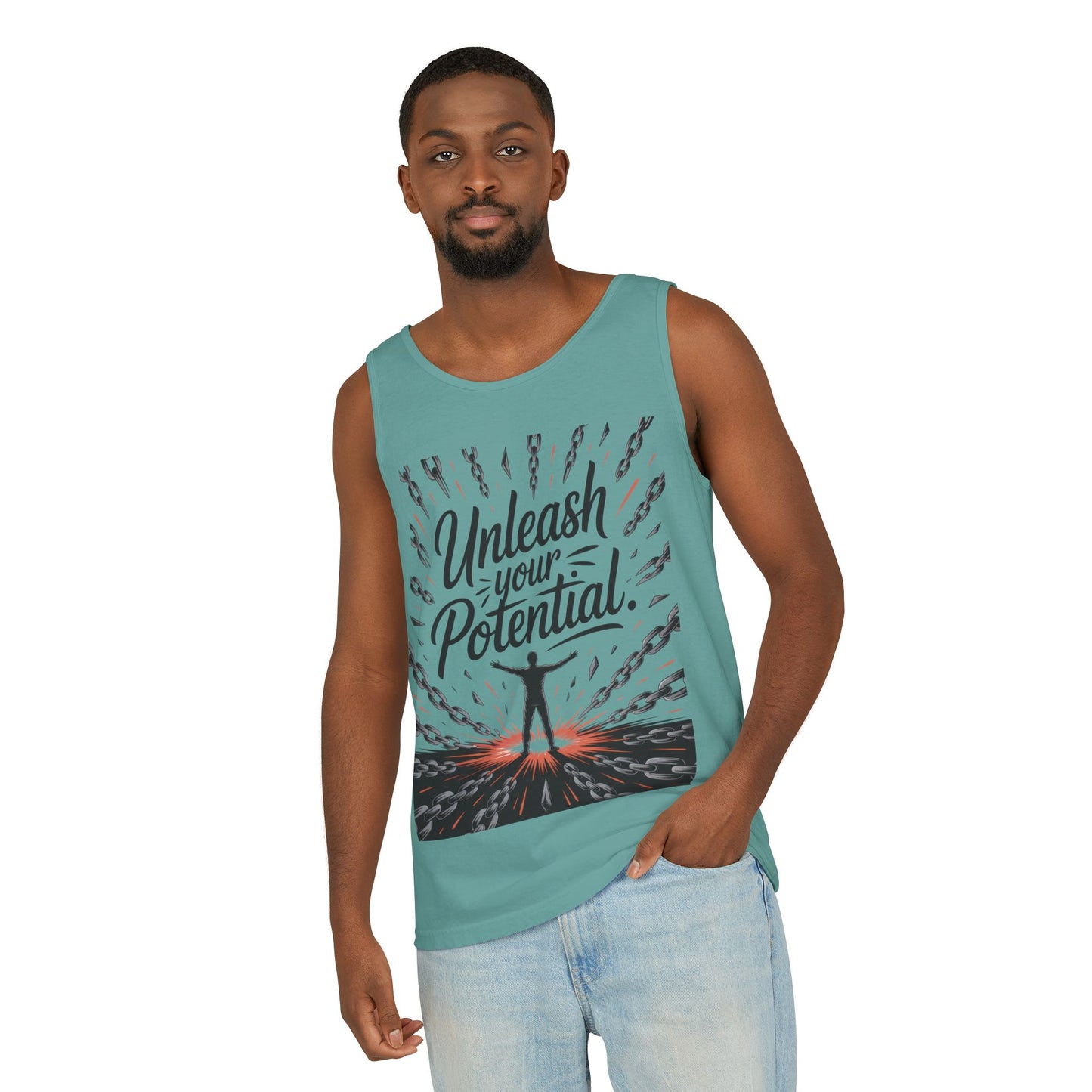 Men's Motivational Tank Top, "Unleash Your Potential" Graphic, Inspirational Gym Wear, Fitness Apparel, Summer Top, Gift for Him