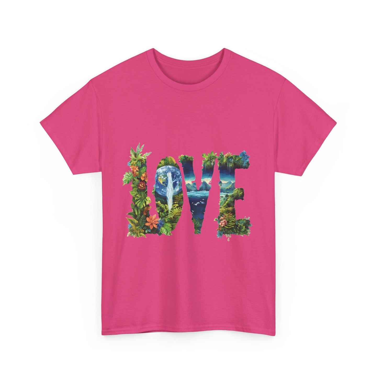 LOVE Nature Art Womens Heavy Cotton Tee, Earth Day Jungle Forest Graphic T-Shirt, Eco Friendly Gift Shirt, Nature-Inspired Love Tee