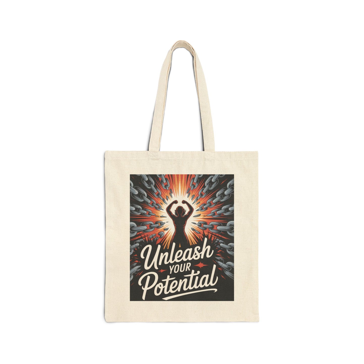 Unleash Your Potential Tote Bag, Motivational Empowerment Canvas Bag with Strong Woman & Chains Design, Fitness & Feminist Gift