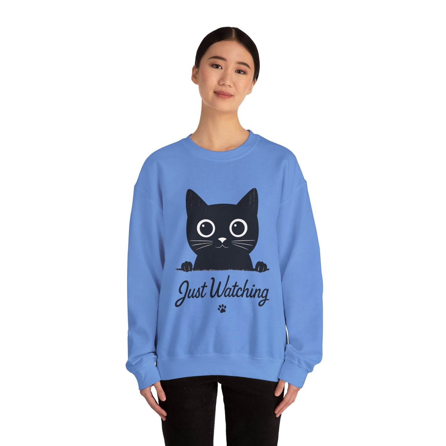 Funny Black Cat Womens Crewneck Sweatshirt - Just Watching Minimalist Kitty Pullover - Cozy Cat Lover Gift, Pet Owner Apparel