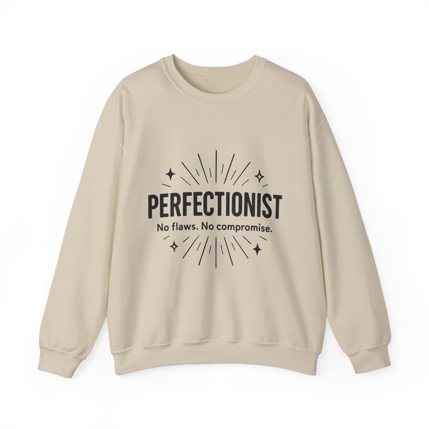Men's Perfectionist Sweatshirt, Bold No Flaws No Compromise Design, Clean Look Funny Gift for Him, Minimal Black Graphic Pullover