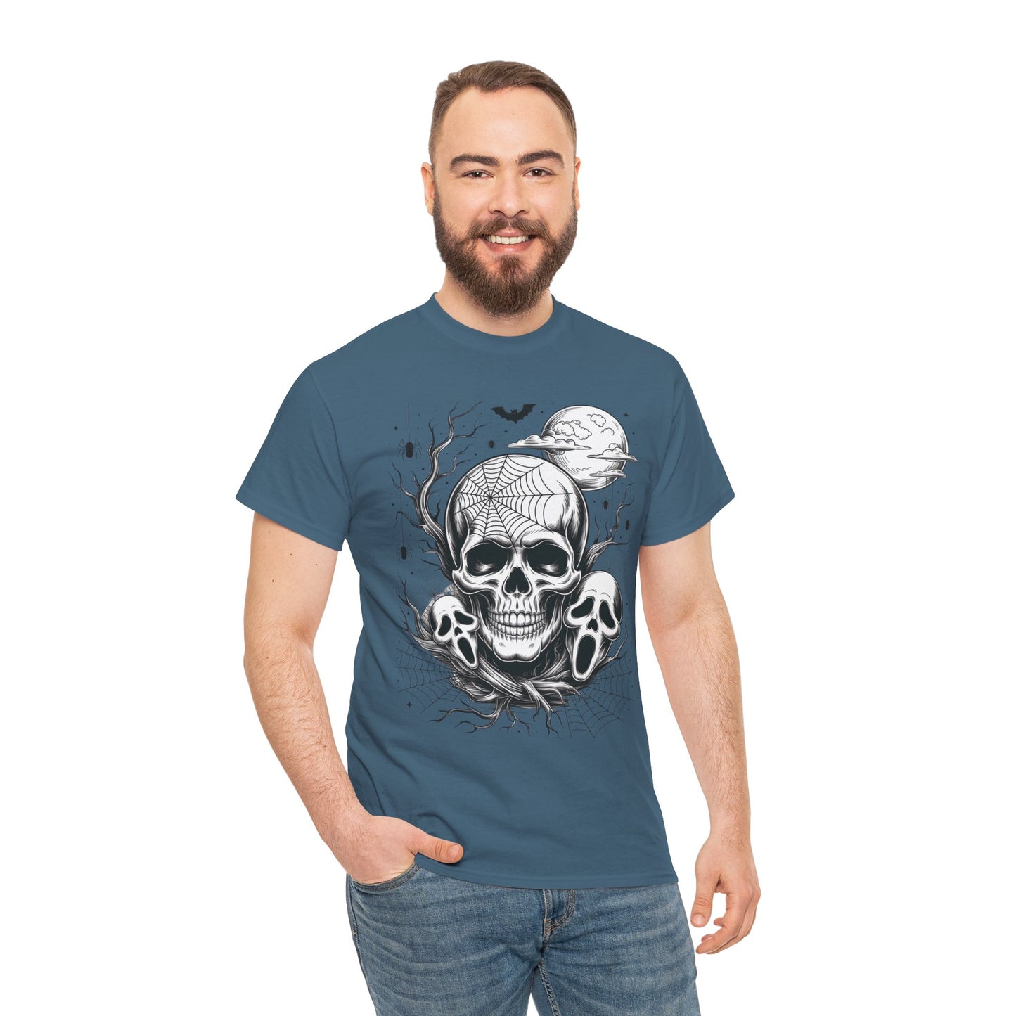 Men's Gothic Skull T-Shirt, Halloween Graphic Tee, Spider Web & Moon Horror Shirt, Spooky Skull Graphic Top for Him