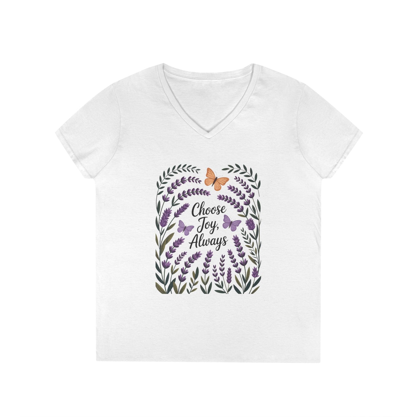 Ladies' V-Neck T-Shirt, Choose Joy Always, Positive Affirmation Tee, Floral Graphic Shirt, Inspirational V-Neck, Lavender Printed Tee