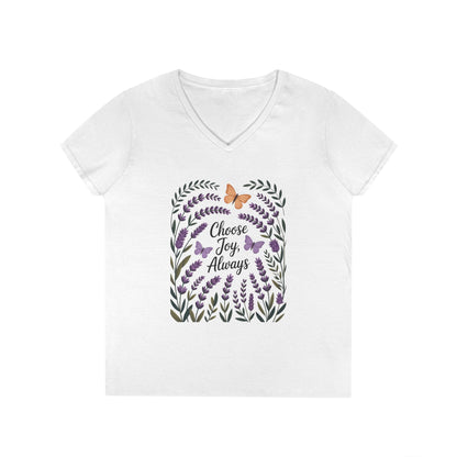 Ladies' V-Neck T-Shirt, Choose Joy Always, Positive Affirmation Tee, Floral Graphic Shirt, Inspirational V-Neck, Lavender Printed Tee