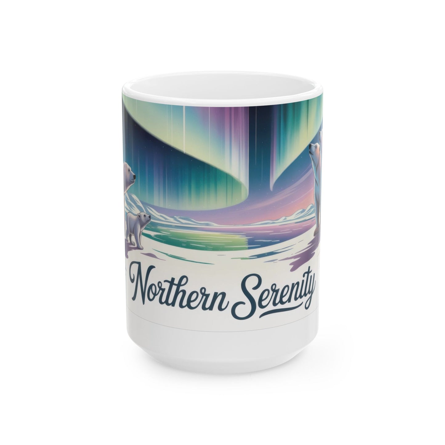 Northern Serenity Polar Bear Mug, Arctic Aurora Coffee Cup, Winter Wildlife Gift, Cute Animal Nature Lover Mug, Holiday Present
