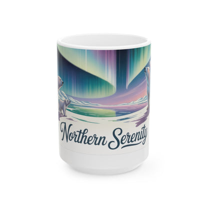 Northern Serenity Polar Bear Mug, Arctic Aurora Coffee Cup, Winter Wildlife Gift, Cute Animal Nature Lover Mug, Holiday Present