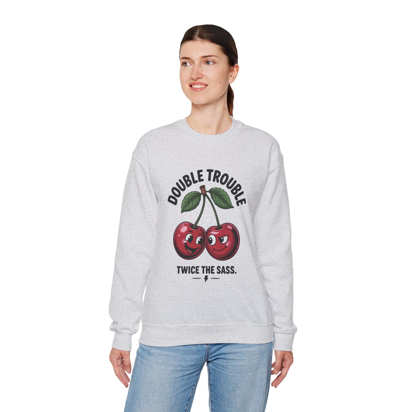 Double Trouble Cherry Sweatshirt, Cute Funny Womens Pullover, Twice The Sass Fruit Graphic Sweater, Playful Red Cherry Crewneck