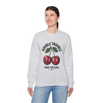 Double Trouble Cherry Sweatshirt, Cute Funny Womens Pullover, Twice The Sass Fruit Graphic Sweater, Playful Red Cherry Crewneck