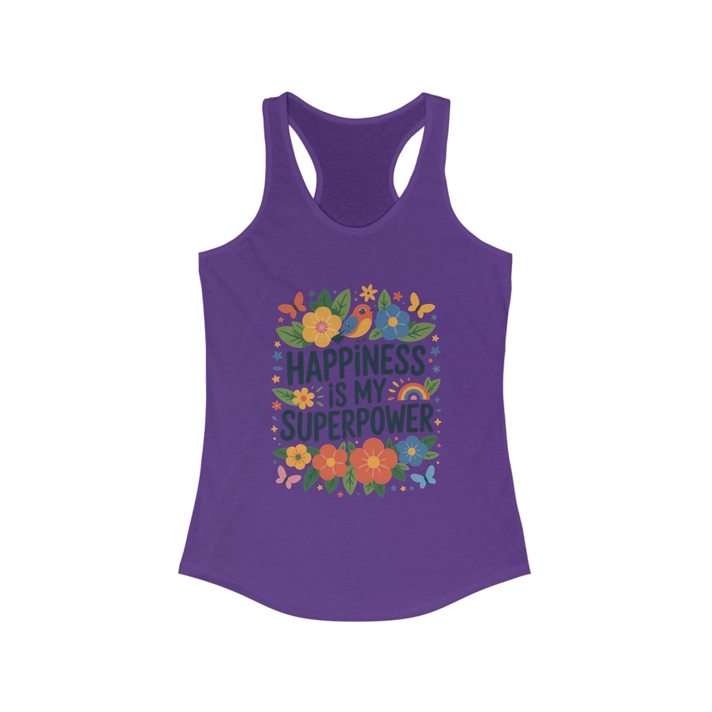 Happiness Is My Superpower Women's Racerback Tank, Inspirational Workout Top, Floral Graphic Tee, Gift for Her, Motivational Summer Wear