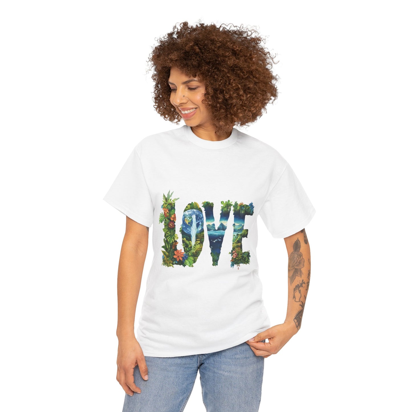 LOVE Nature Art Womens Heavy Cotton Tee, Earth Day Jungle Forest Graphic T-Shirt, Eco Friendly Gift Shirt, Nature-Inspired Love Tee