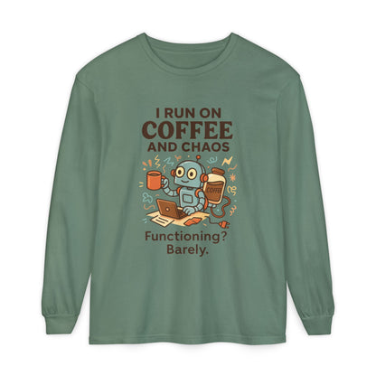 Coffee Chaos Long Sleeve Tee, Funny T-Shirt, Quirky Gift for Coffee Lovers, Unisex Top for Busy Lives, Work from Home Humor Tee