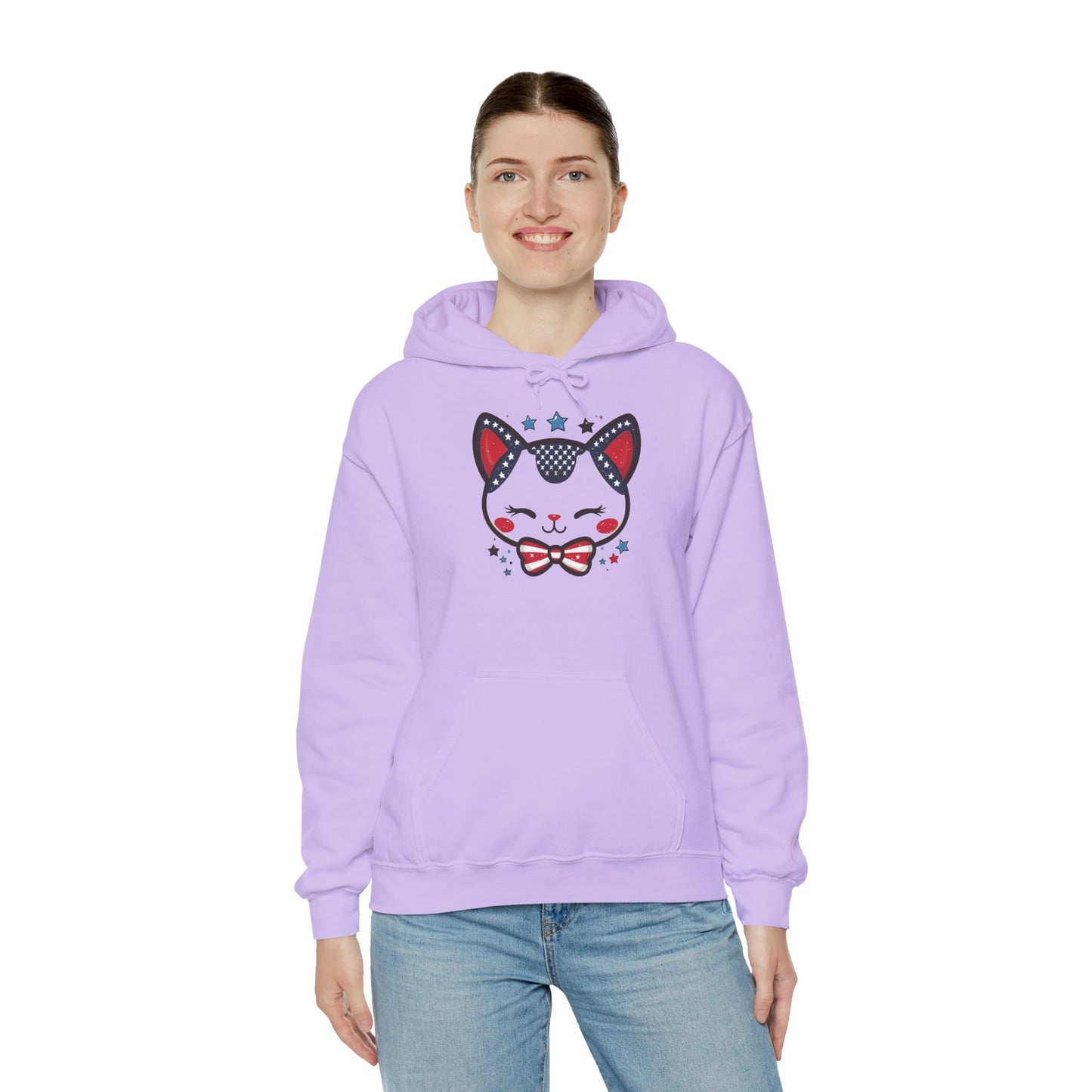 Cute Patriotic Cat -Themed Women's Hoodie, for Cat Lovers, Cute Gift for Pet Owners, Cozy Sweatshirt for All Seasons, Fourth of July Hoodie