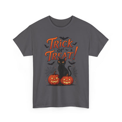 Trick or Treat Black Cat Halloween T-Shirt for Women, Spooky Cute Pumpkin Cat Tee, Fall Halloween Outfit Gift, Vintage Witchy Top