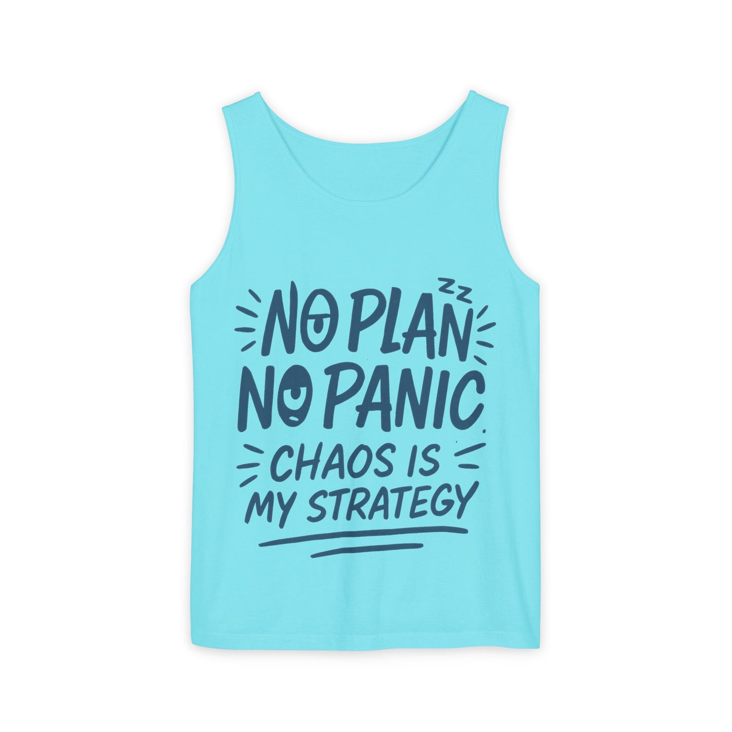 Funny Chaos Quote Mens Tank Top, No Plan No Panic Humor Shirt, Casual Graphic Tee Gift for Him, Relaxed Fit, Workout Gym Humor Shirt