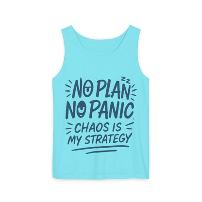 Funny Chaos Quote Mens Tank Top, No Plan No Panic Humor Shirt, Casual Graphic Tee Gift for Him, Relaxed Fit, Workout Gym Humor Shirt