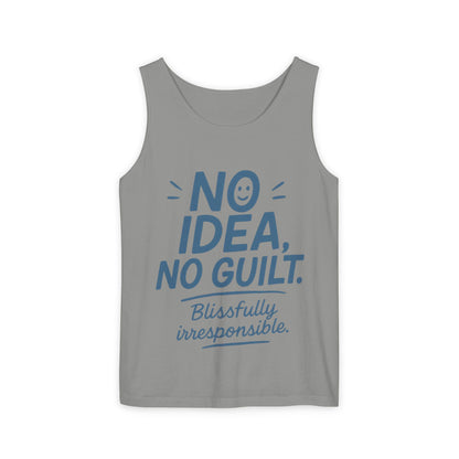 Mens Funny Tank Top, No Idea No Guilt Quote, Blissfully Irresponsible Gym Shirt, Casual Sleeveless Top, , Fun Party Shirt