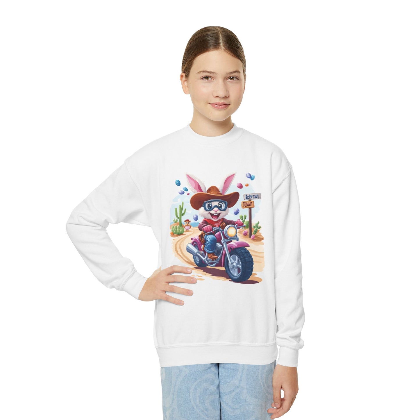 Biker Bunny Youth Sweatshirt - Fun Easter Bunny Riding Motorcycle, Cute Spring Gift for Kids, Playful Holiday Crewneck for Boys & Girls