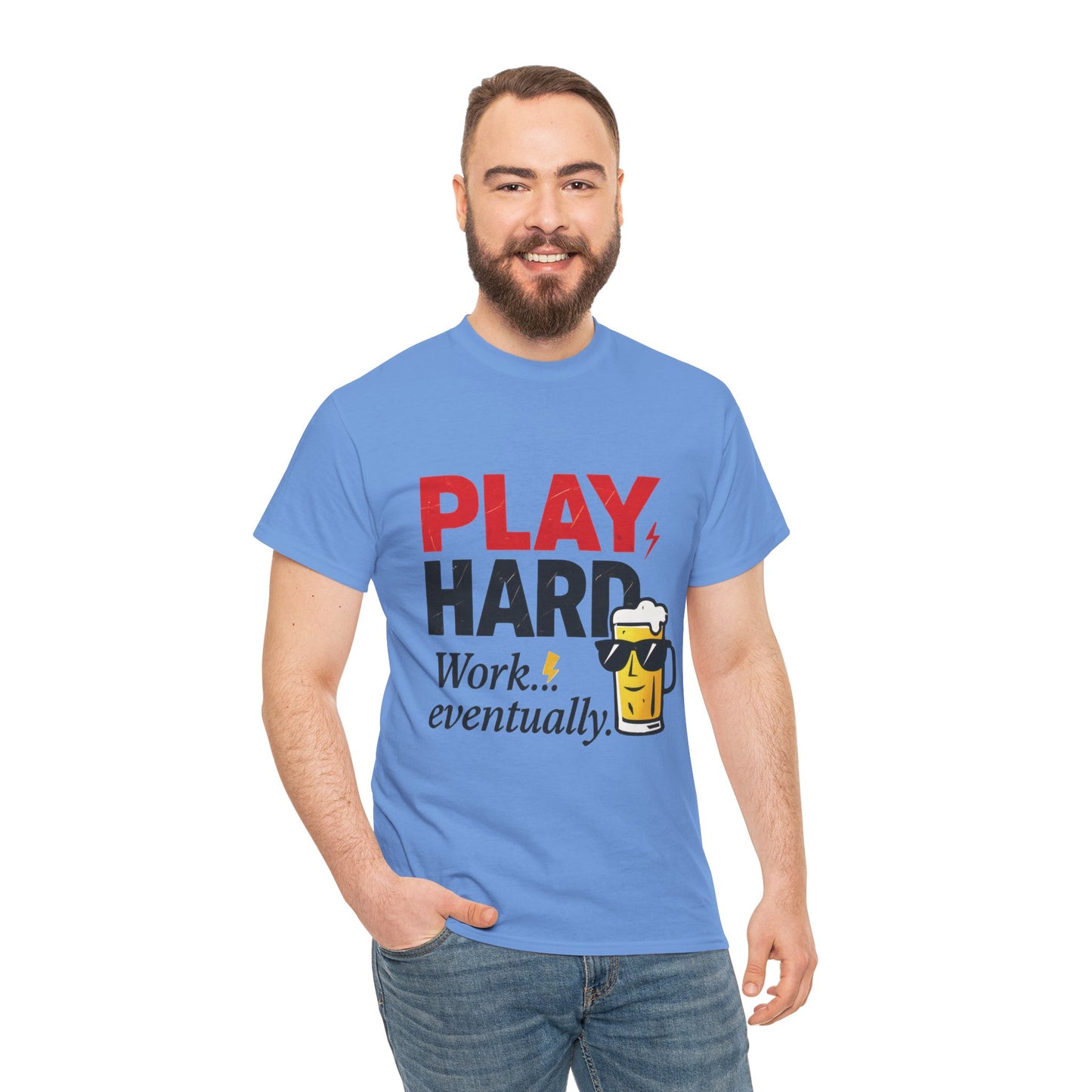 Play Hard Mens Heavy Cotton Tee, Perfect for Beer Lovers, Casual Hangouts, Parties, Gifts, and Relaxed Days