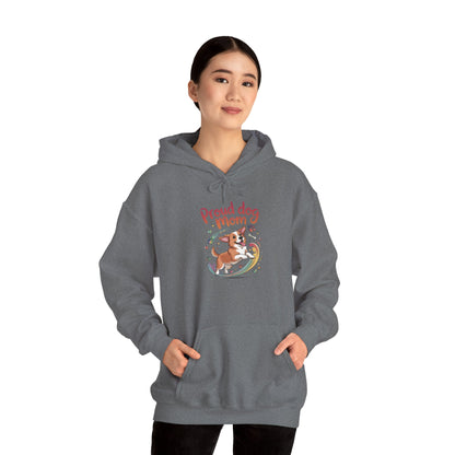 Proud Dog Mom Hoodie, Gift for Dog Owners, Dog Lover Apparel, Mother's Day Gift, Unisex Hooded Sweatshirt, Corgi Rainbow Print