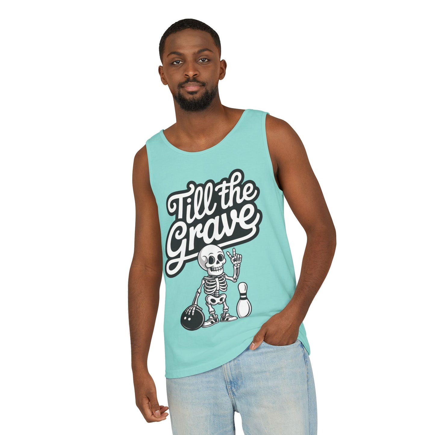 Funny Skeleton Bowling Tank Top, Halloween Apparel, Casual Summer Style, Cool Bowler Skull Workout Top, Strike Till the End
