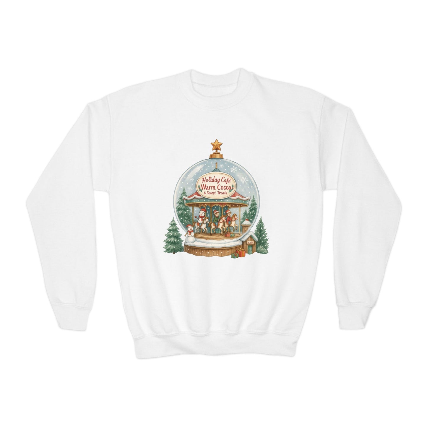 Youth Holiday Café Christmas Sweatshirt, Warm Cocoa Snow Globe Jumper