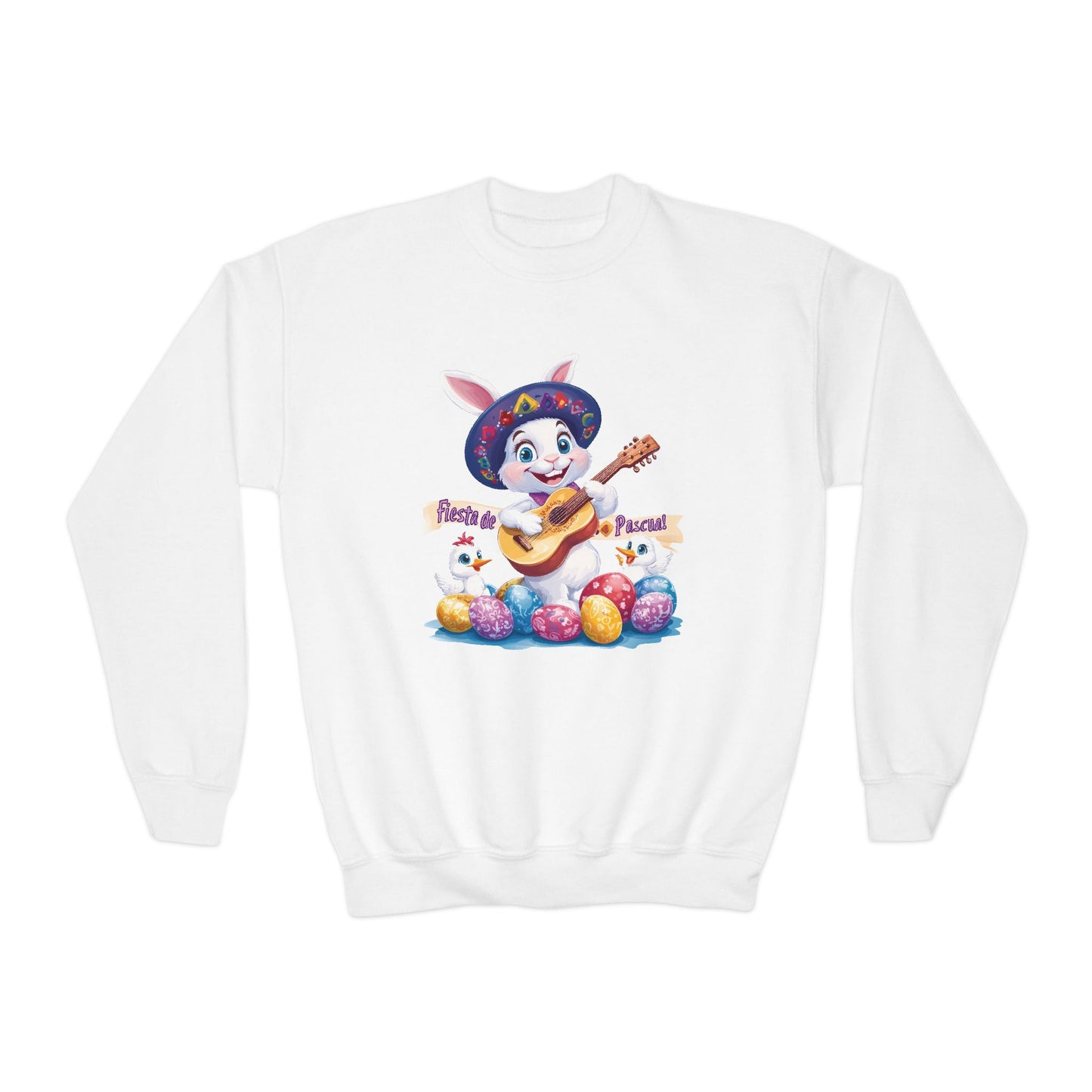 Fiesta de Pascua Bunny Sweatshirt - Mexican Easter Crewneck for Kids, Cute Spring Gift with Guitar Playing Bunny and Colorful Eggs