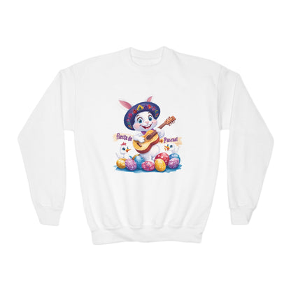 Fiesta de Pascua Bunny Sweatshirt - Mexican Easter Crewneck for Kids, Cute Spring Gift with Guitar Playing Bunny and Colorful Eggs