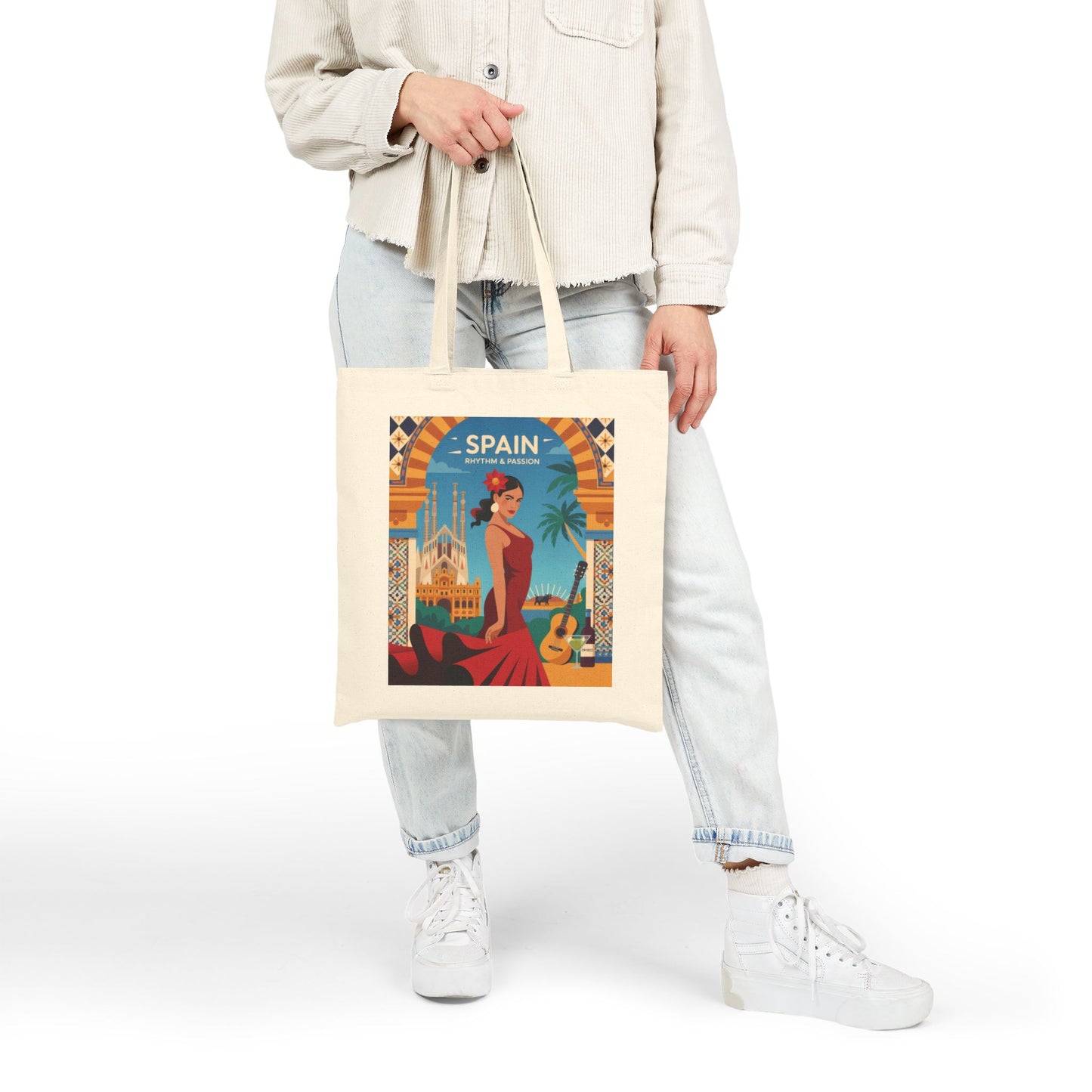 Spanish Rhythm Canvas Tote Bag, Eco-Friendly Shopper, Travel Essentials, Gift for Travelers, Sustainable Fashion