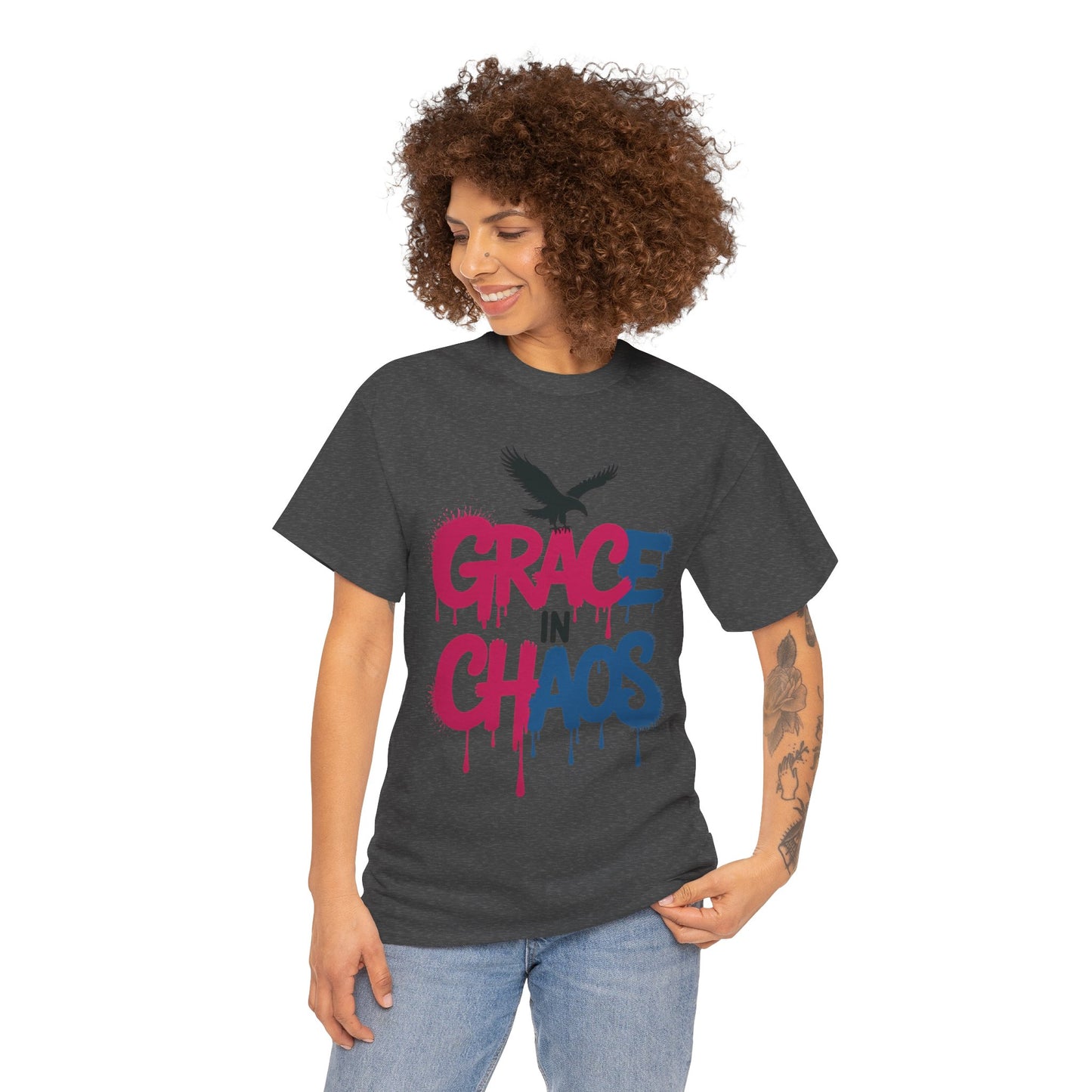 Womens Graffiti T-Shirt, Grace in Chaos Dripping Street Art Tee, Bold Urban Graphic Shirt