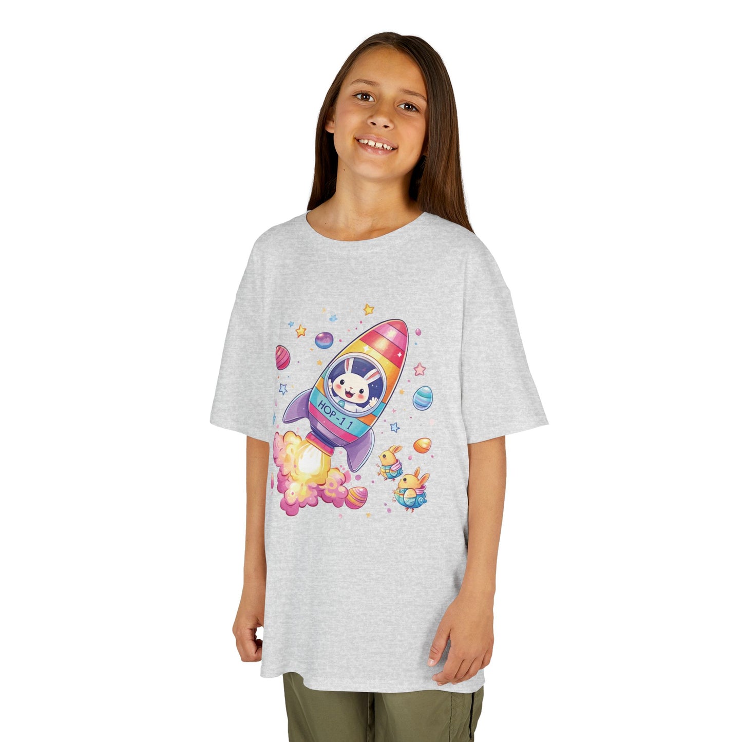 Easter Astronaut Bunny Kids T-Shirt - Cute Space Rocket Bunny with Colorful Eggs, Fun Spring Tee for Boys and Girls, Holiday Gift Idea