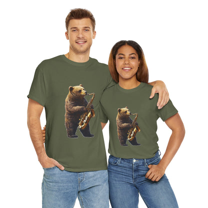 Saxophone Bear Unisex Heavy Cotton Tee, Music Lover Shirt, Gift for Musicians, Cute Animal Tee, Fun Jazz T-Shirt