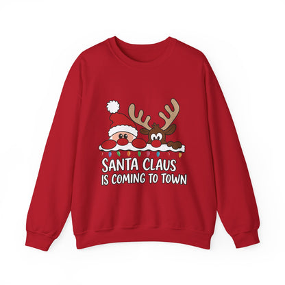 Santa Claus Is Coming to Town Women's Christmas Sweatshirt, Cute Santa - Reindeer Holiday Jumper