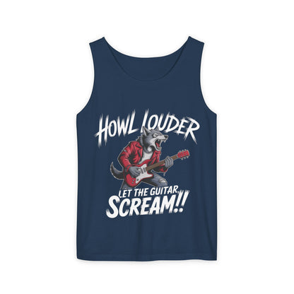 Howl Louder Wolf Tank Top, Mens Muscle Shirt, Rock Guitarist Graphic Sleeveless Tee, Wolf Workout Gym Tank, Music Lover Gift