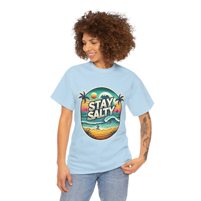 Stay Salty Retro Surf Unisex Heavy Cotton Tee, Vintage Beach Sunset Graphic T-Shirt, Summer Ocean Wave Surfer Shirt, Ocean Lover Gift