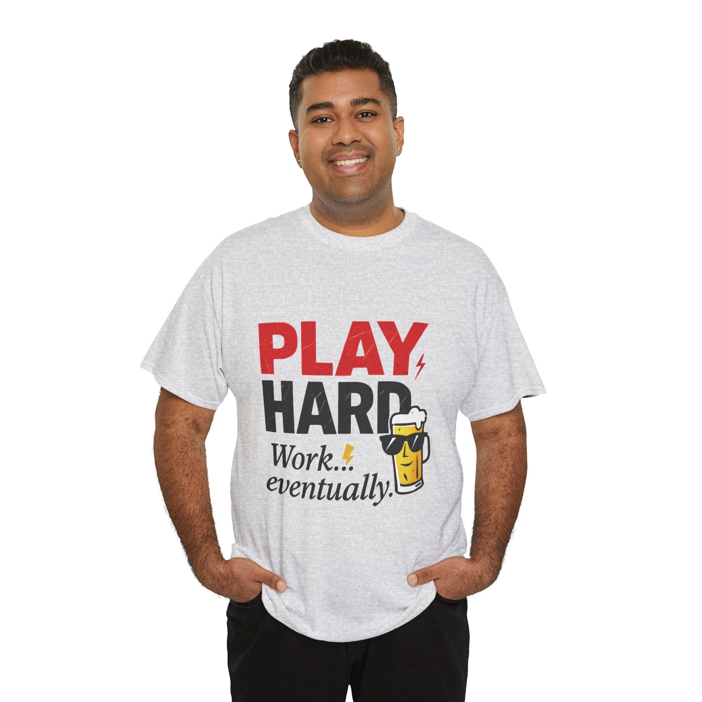 Play Hard Mens Heavy Cotton Tee, Perfect for Beer Lovers, Casual Hangouts, Parties, Gifts, and Relaxed Days