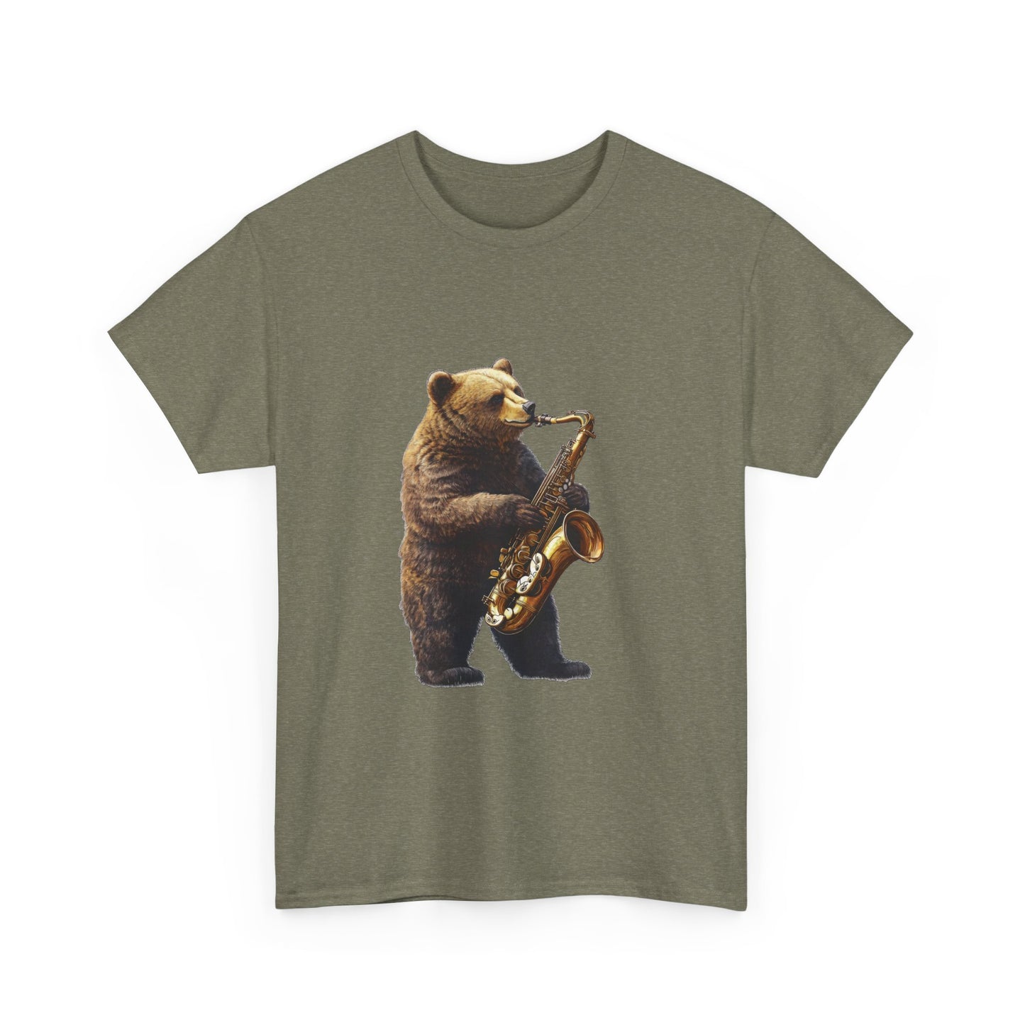 Saxophone Bear Unisex Heavy Cotton Tee, Music Lover Shirt, Gift for Musicians, Cute Animal Tee, Fun Jazz T-Shirt