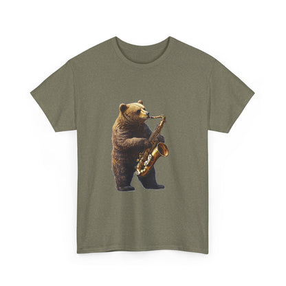 Saxophone Bear Unisex Heavy Cotton Tee, Music Lover Shirt, Gift for Musicians, Cute Animal Tee, Fun Jazz T-Shirt