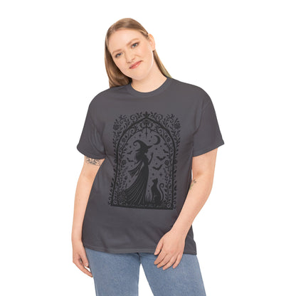 Gothic Witch & Cat Women's T-Shirt, Elegant Halloween Moon Silhouette Witchy Graphic Tee