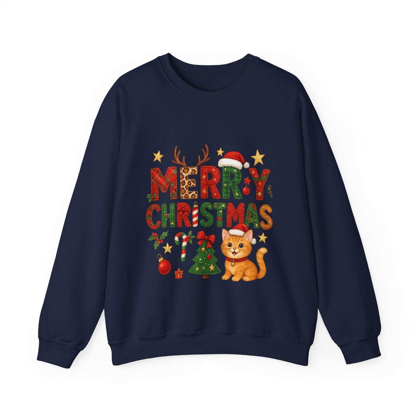 Women's Merry Christmas Cat Sweatshirt, Cozy Holiday Cat Lover Pullover, Women's Heavy Blend™ Crewneck Sweatshirt