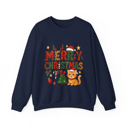 Women's Merry Christmas Cat Sweatshirt, Cozy Holiday Cat Lover Pullover, Women's Heavy Blend™ Crewneck Sweatshirt