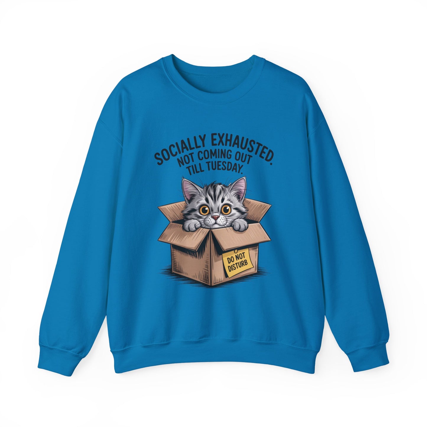 Socially Exhausted Cat Sweatshirt, Funny Cat Crewneck, Gift for Cat Lovers, Cozy Unisex Pullover, Weekend Comfort Apparel