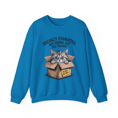 Socially Exhausted Cat Sweatshirt, Funny Cat Crewneck, Gift for Cat Lovers, Cozy Unisex Pullover, Weekend Comfort Apparel