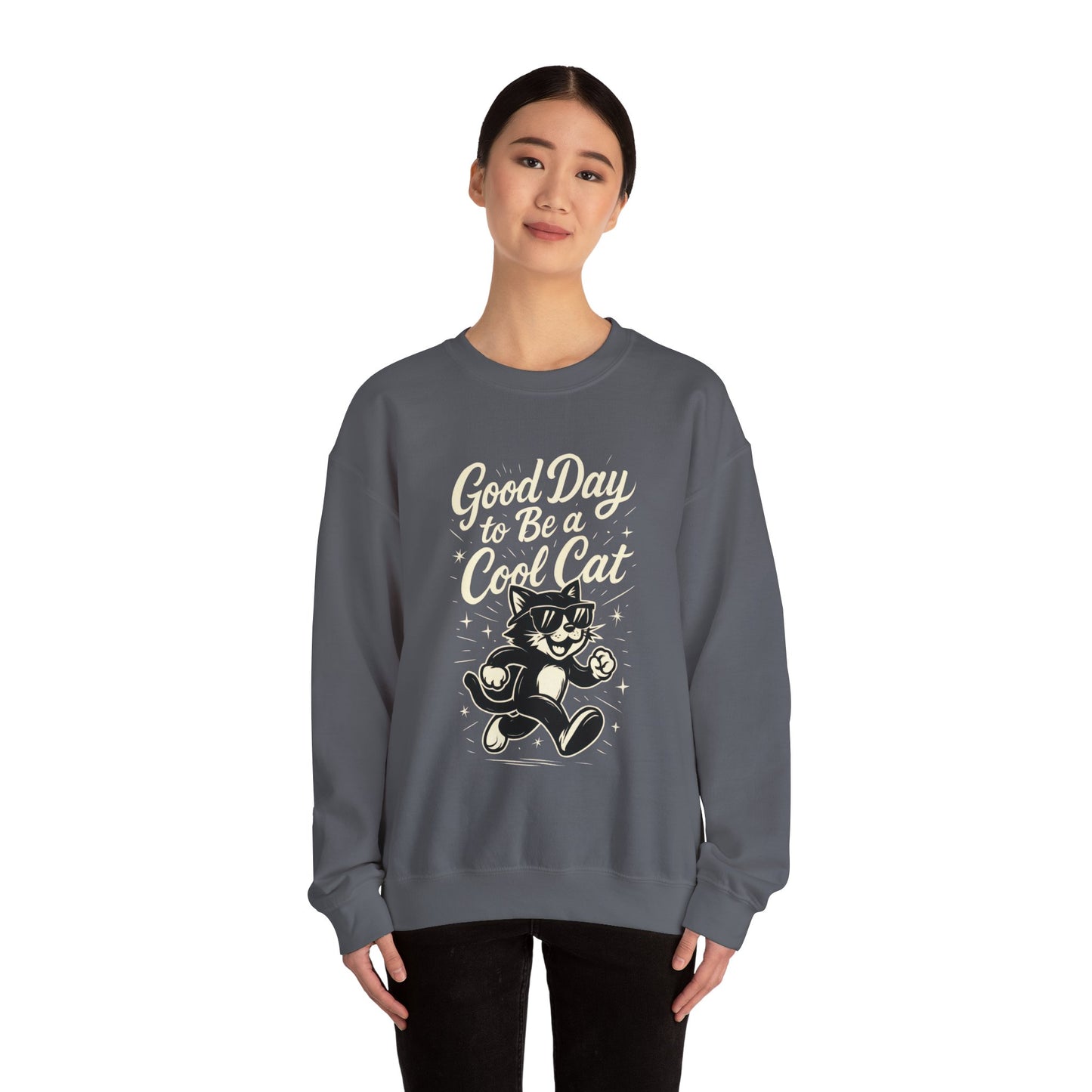 Funny Cool Cat Womens Crewneck Sweatshirt - Good Day to Be a Cool Cat Retro Kitty Pullover - Cute Cat Lover Sweater