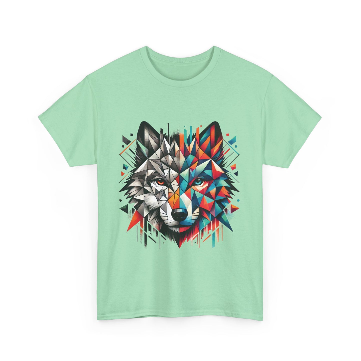 Geometric Wolf Tee, Heavy Cotton T-Shirt, Wildlife Lover Apparel, Unique Nature Wear, Artistic Wolf Design Tee