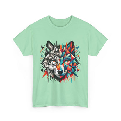 Geometric Wolf Tee, Heavy Cotton T-Shirt, Wildlife Lover Apparel, Unique Nature Wear, Artistic Wolf Design Tee