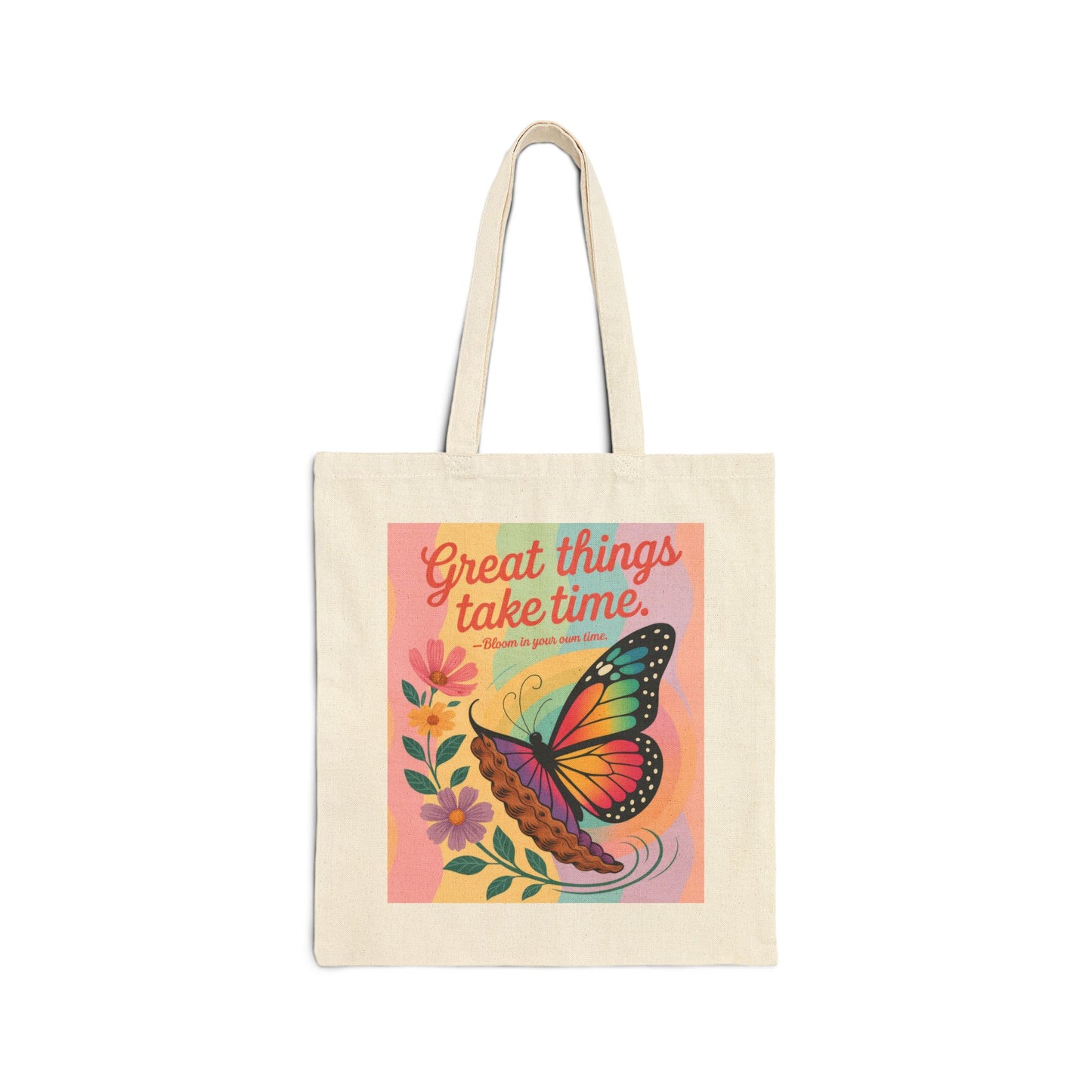 Great Things Take Time Tote Bag, Butterfly & Flower Cotton Canvas Bag, Motivational Quote Tote, Inspirational Gift for Women,  Boho Style Bag
