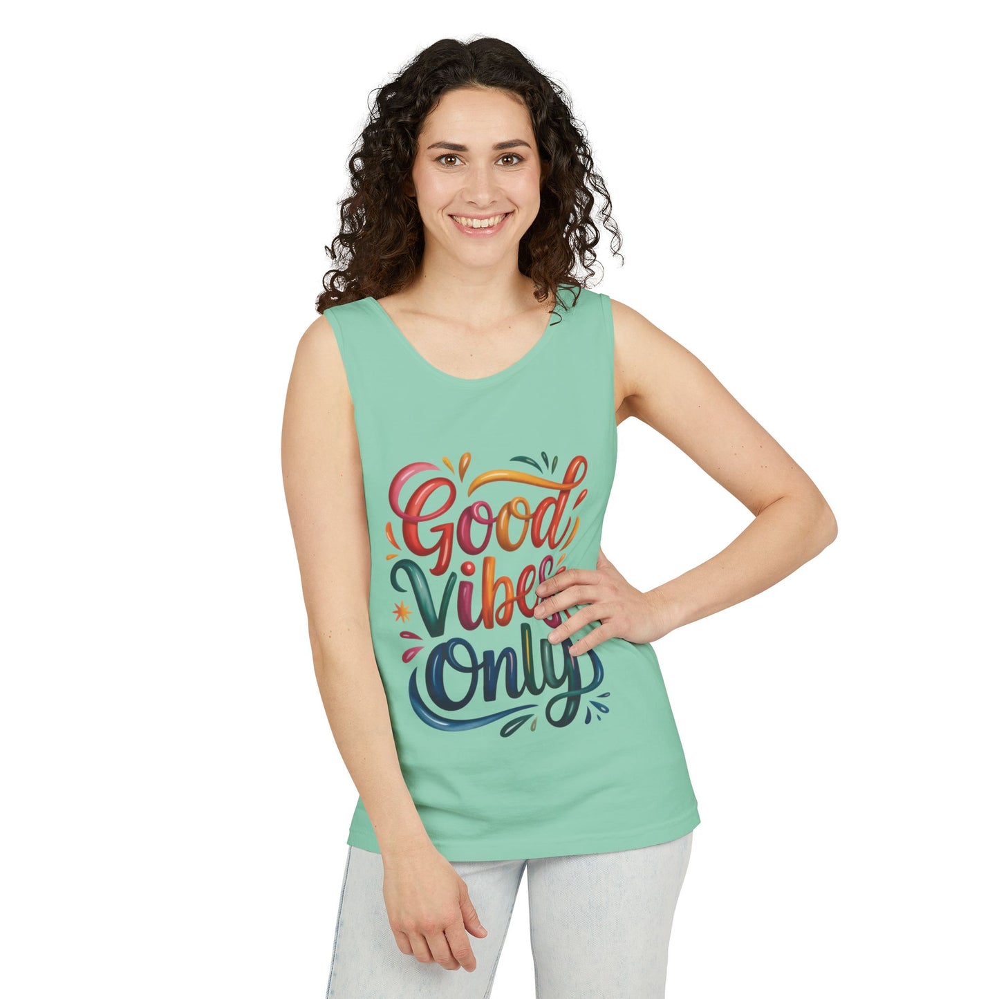 Good Vibes Only Unisex Garment-Dyed Tank Top, Summer Casual Wear, Festival Outfit, Beach Day Tee, Gift for Friends, Positive Vibes Apparel