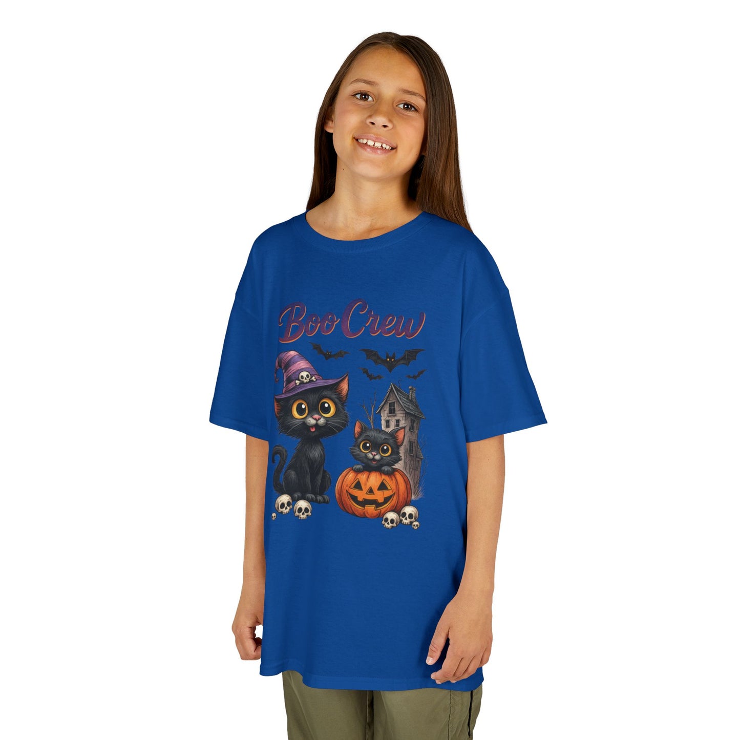 Boo Crew Kids Halloween T-Shirt, Cute Black Cats Pumpkin Design, Fun Spooky Shirt for Girls Boys