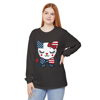 Patriotic Cat Long Sleeve T-Shirt, Women's Tee, Perfect for Fourth of July, Animal Lover Gift, Cozy Casual Wear, Holiday Apparel