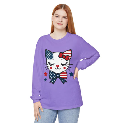 Patriotic Cat Long Sleeve T-Shirt, Women's Tee, Perfect for Fourth of July, Animal Lover Gift, Cozy Casual Wear, Holiday Apparel